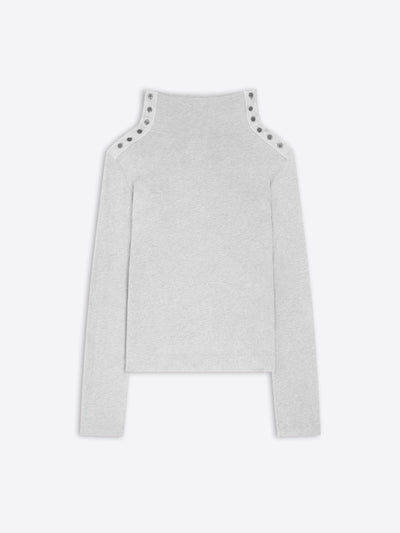 Gray sweater with button details on a white background