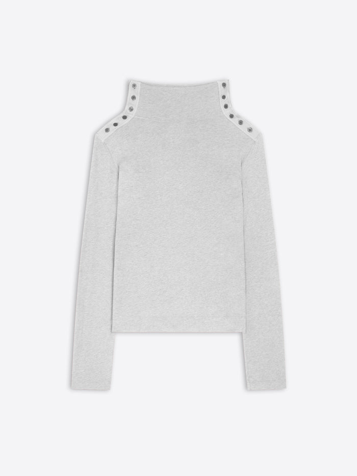 Gray sweater with button details on a white background