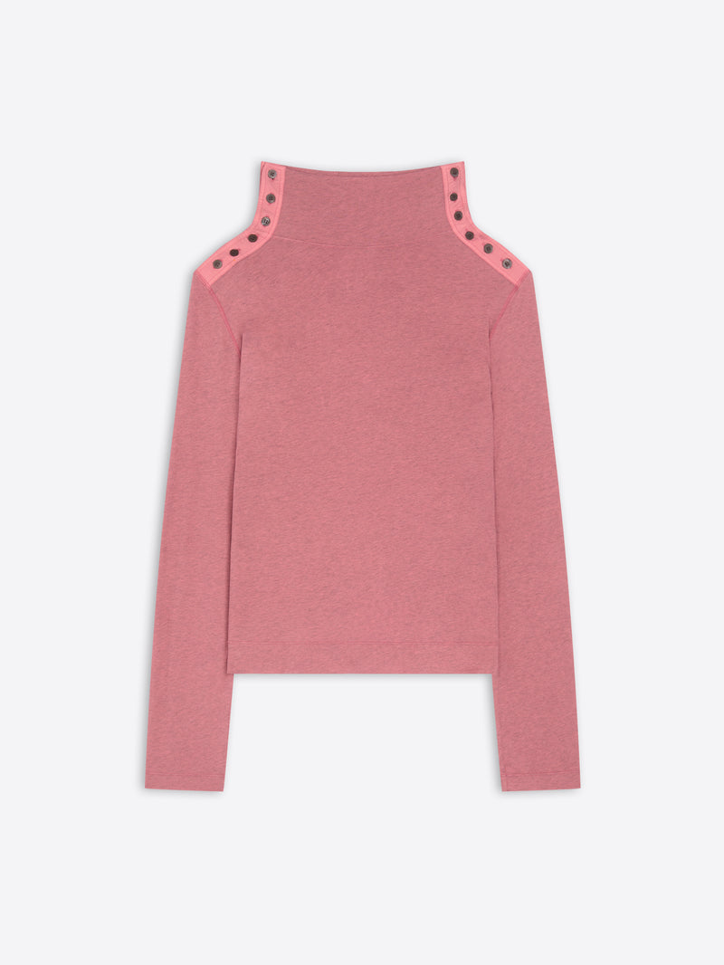 Pink turtleneck tee with cut-out shoulder details on a white background