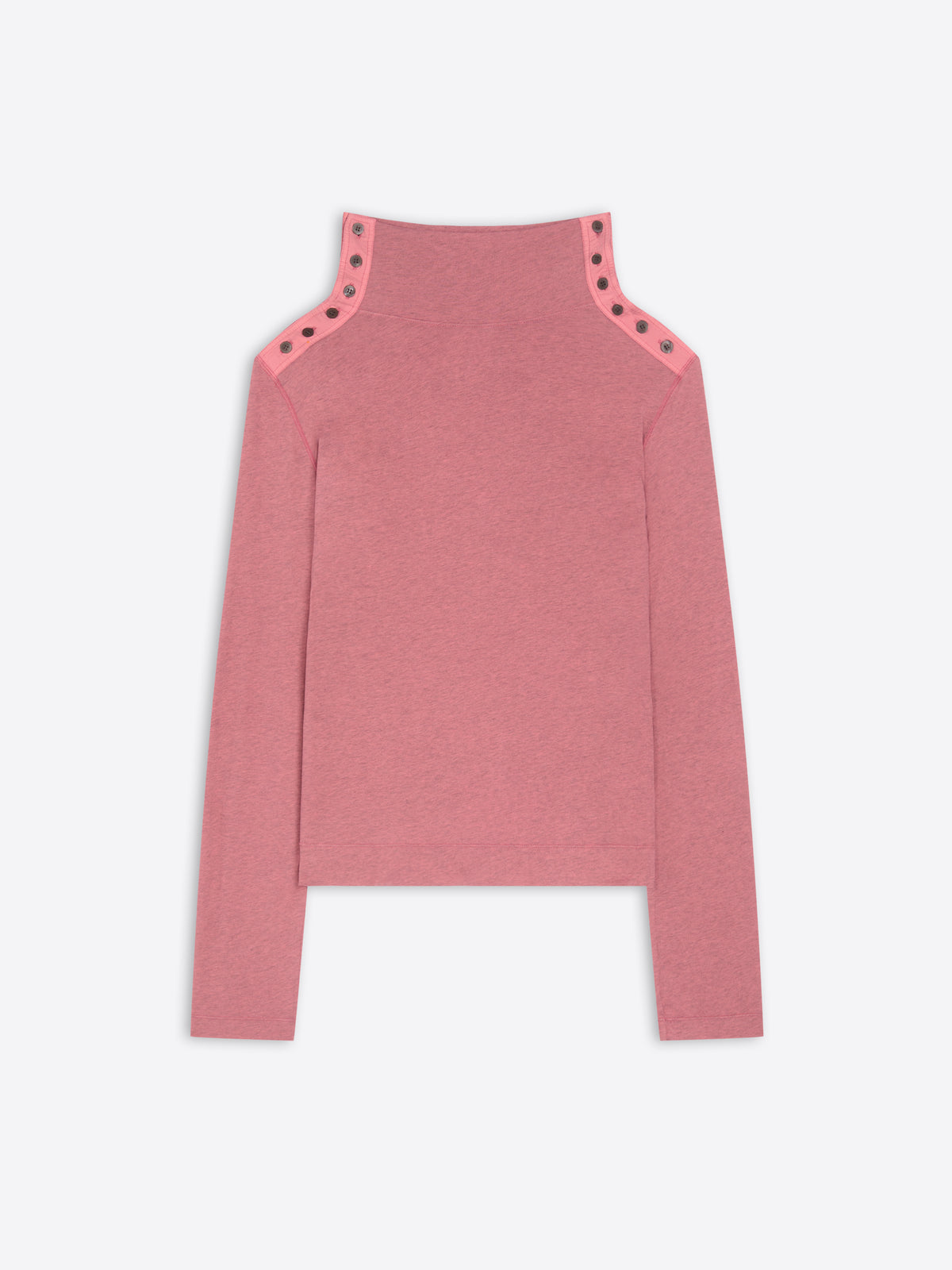 Pink turtleneck tee with cut-out shoulder details on a white background