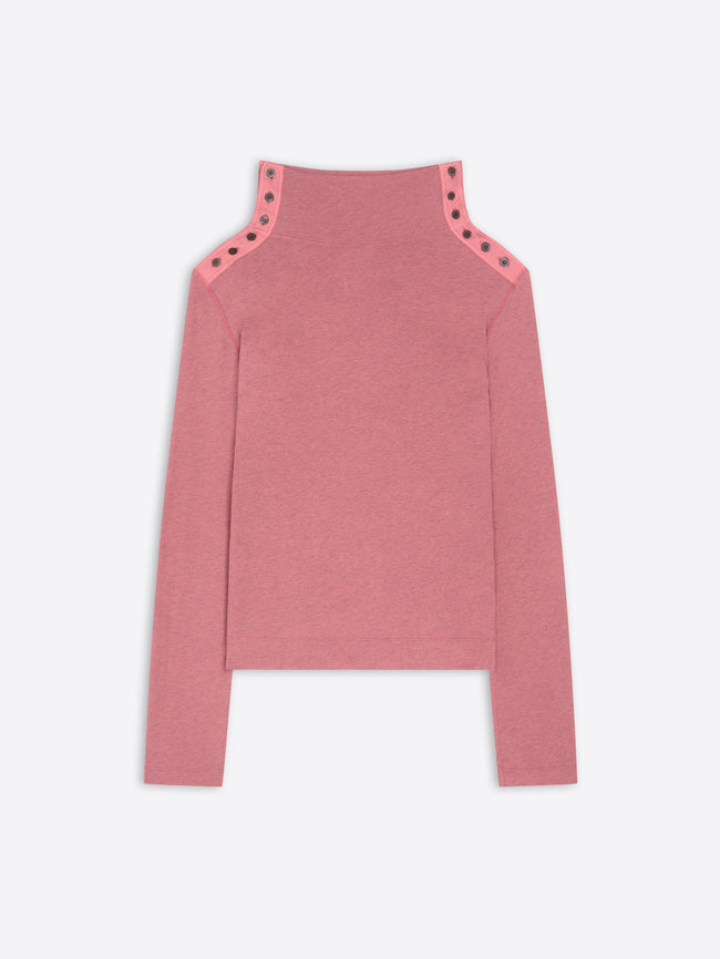 Pink turtleneck tee with cut-out shoulder details on a white background