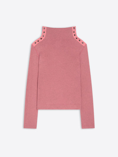 Pink turtleneck tee with cut-out shoulder details on a white background