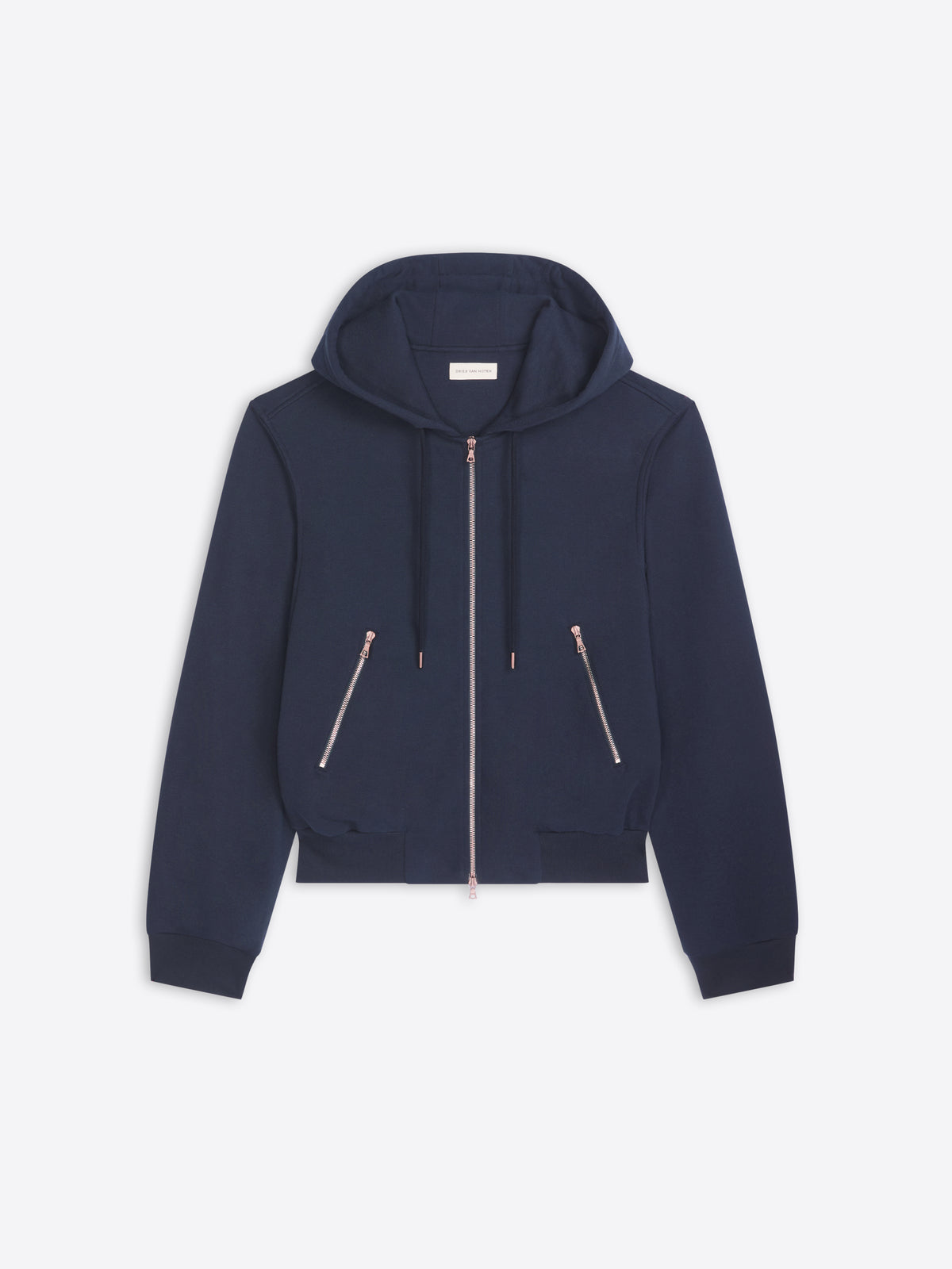 Navy blue hoodie with zippers on a light gray background