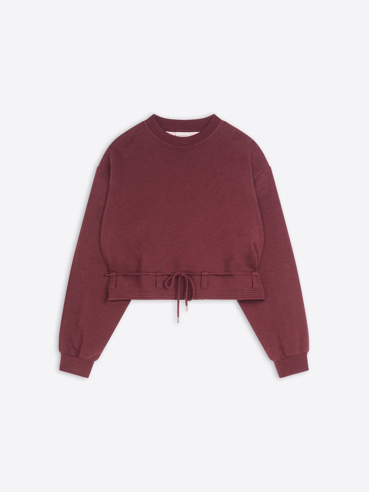 Burgundy cropped crew-neck sweatshirt with long sleeves, ribbed cuffs, and an adjustable drawstring hem, displayed against a light gray background.