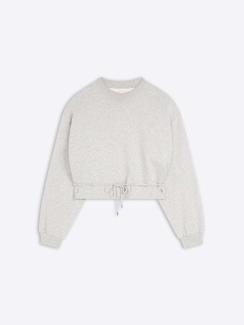Light gray cropped crew-neck sweatshirt with long sleeves, ribbed cuffs, and an adjustable drawstring hem, displayed against a light gray background.