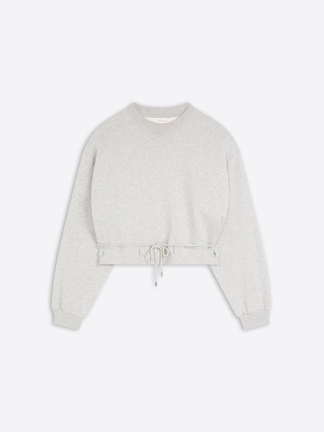 Light gray cropped crew-neck sweatshirt with long sleeves, ribbed cuffs, and an adjustable drawstring hem, displayed against a light gray background.