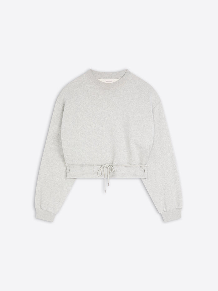 Light gray cropped crew-neck sweatshirt with long sleeves, ribbed cuffs, and an adjustable drawstring hem, displayed against a light gray background.