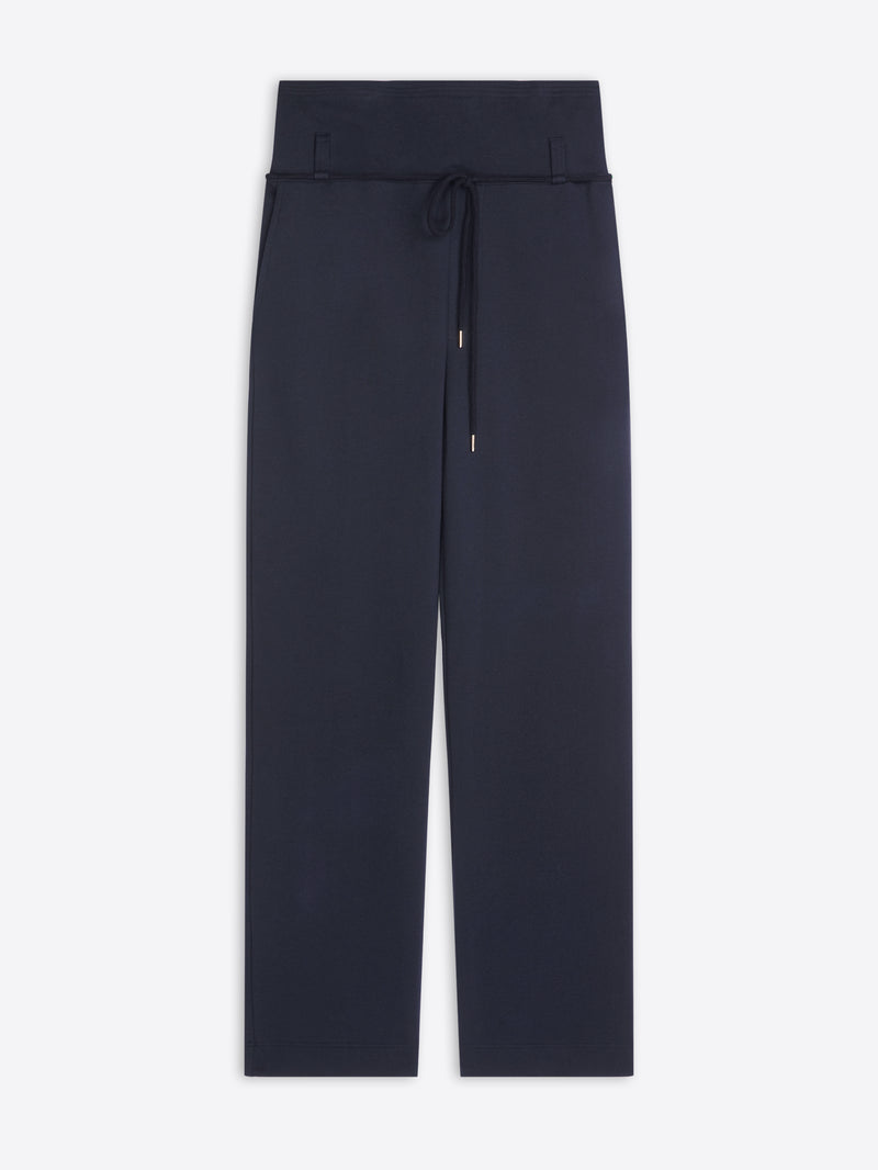 Navy blue pants with a belt on a white background