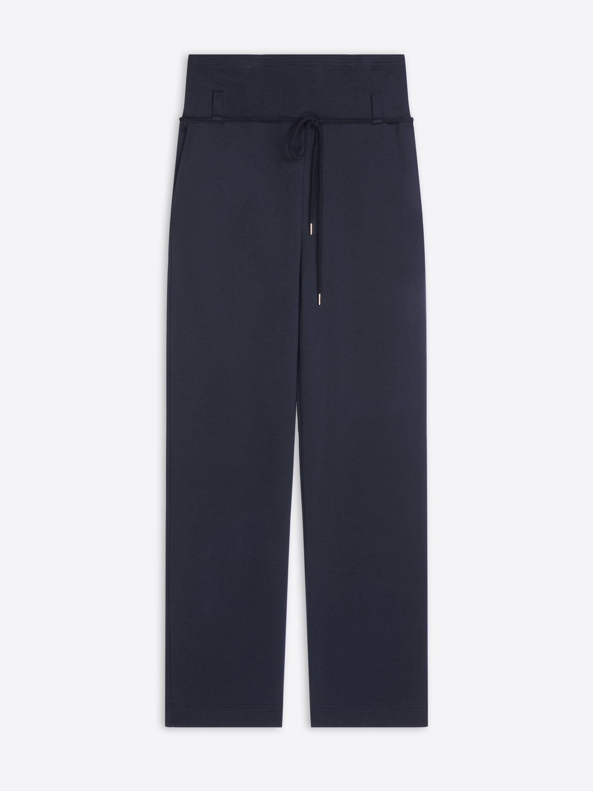 Navy blue pants with a belt on a white background