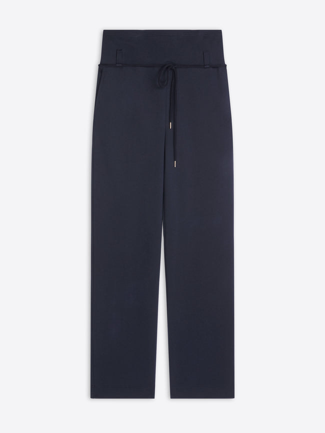 Navy blue pants with a belt on a white background