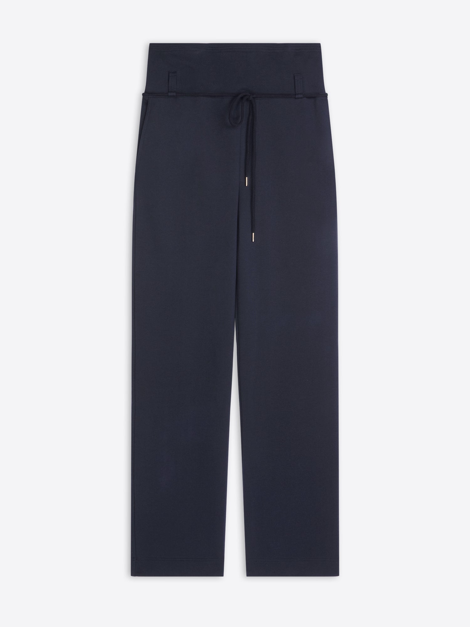 Navy blue pants with a belt on a white background