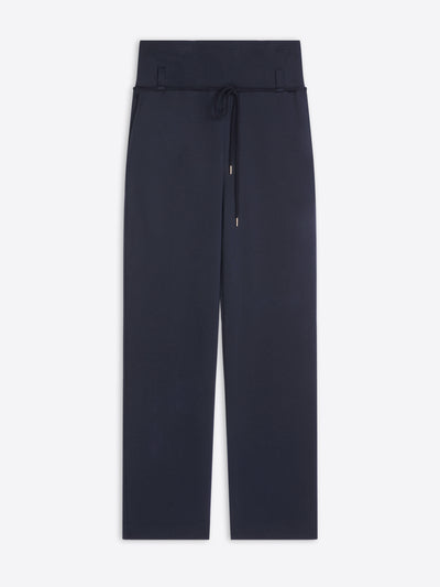 Navy blue pants with a belt on a white background