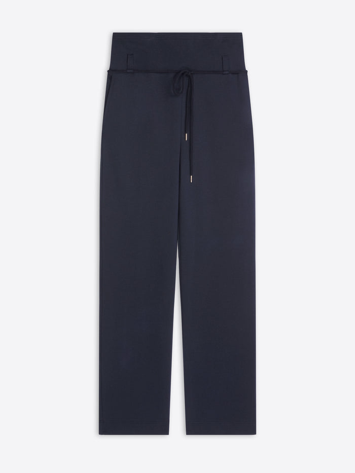 Navy blue pants with a belt on a white background