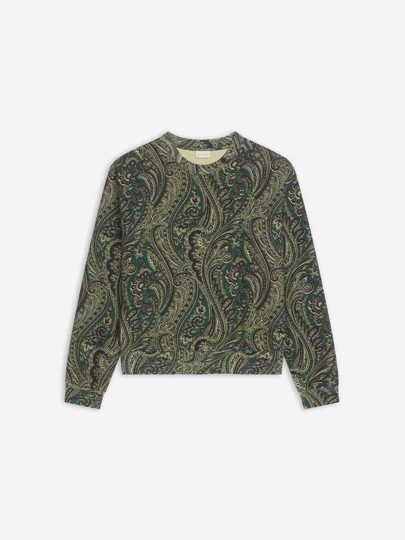 Green paisley patterned sweatshirt on a white background