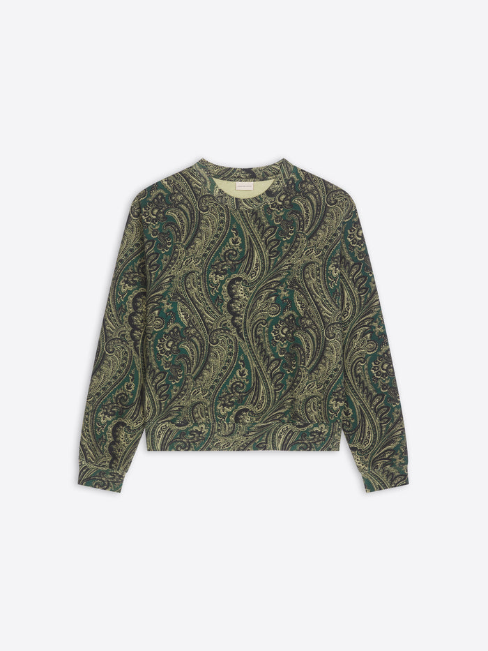 Green paisley patterned sweatshirt on a white background