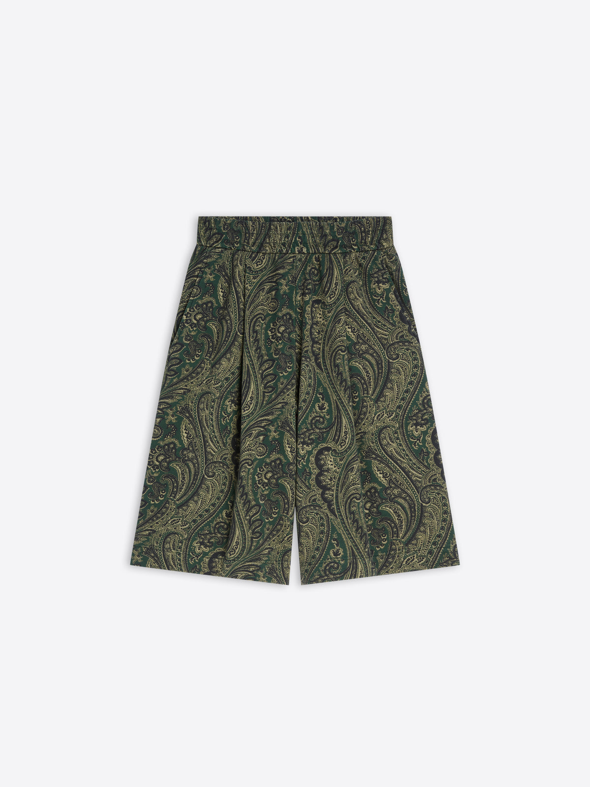 Green paisley patterned shorts on a white background