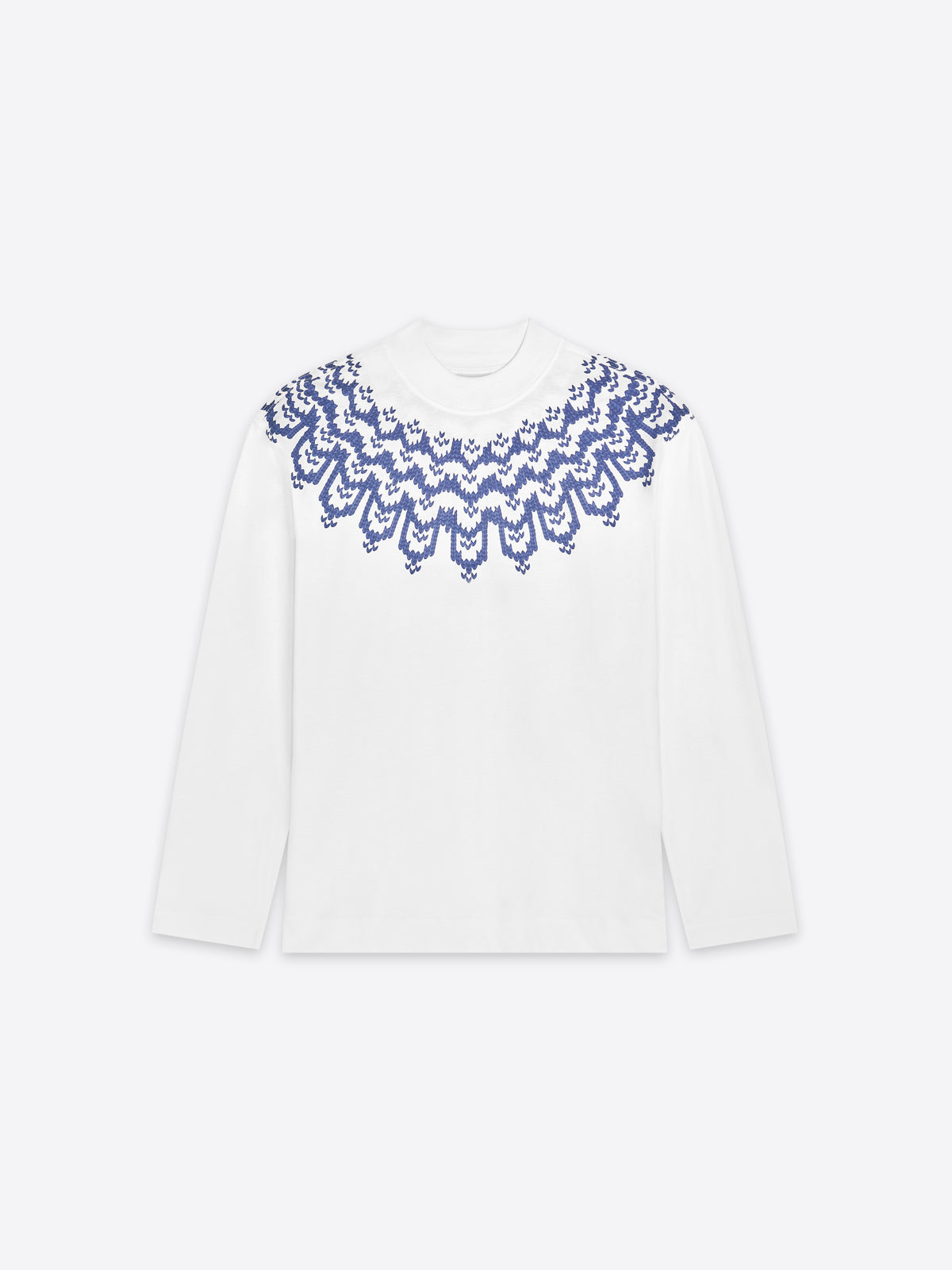 White long sleeve with blue lace detailing on a white background