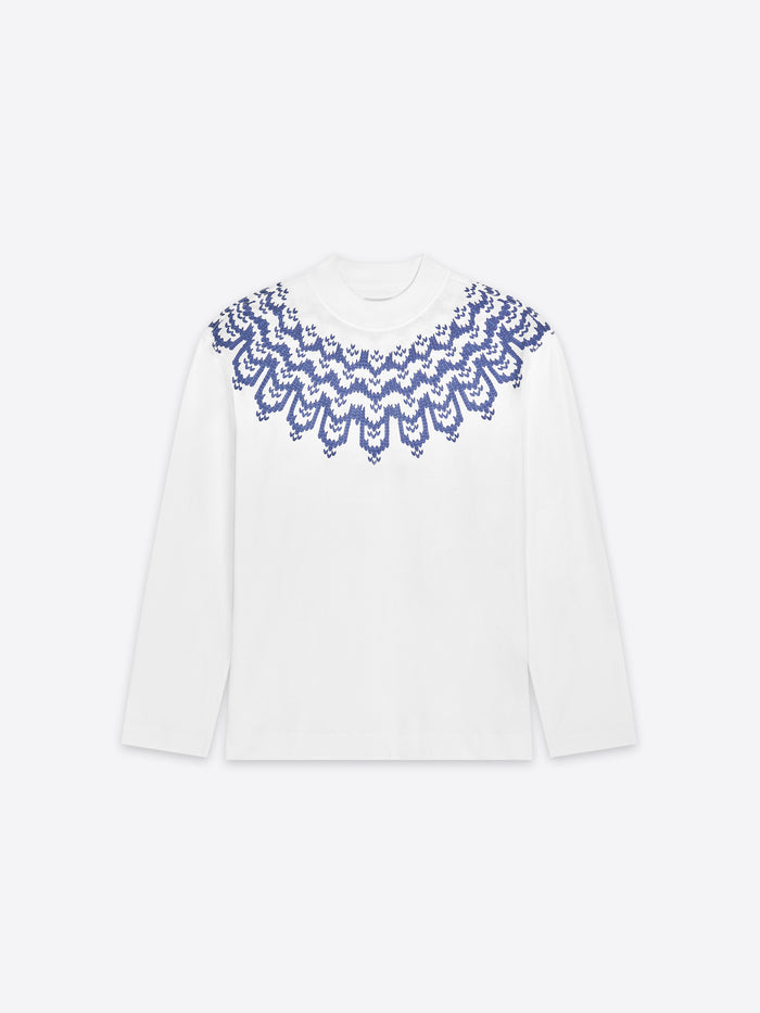 White long sleeve with blue lace detailing on a white background