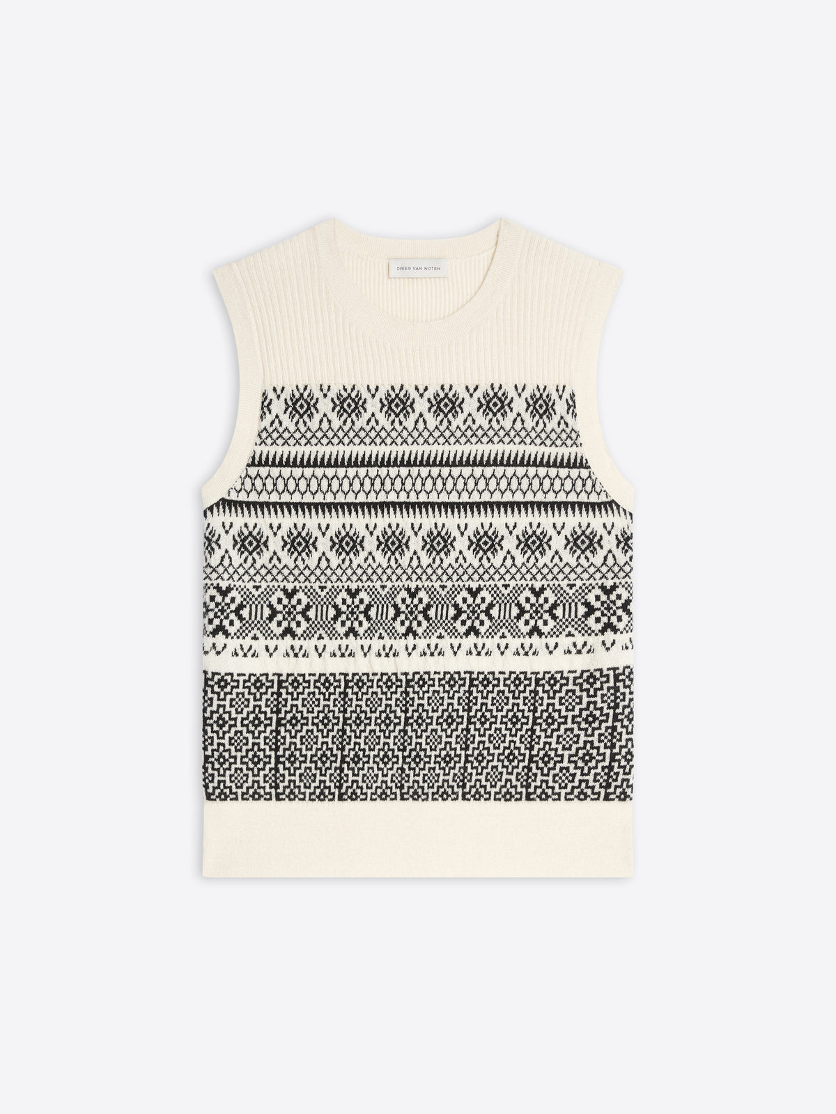 Sleeveless knitted top with black pattern on a white background