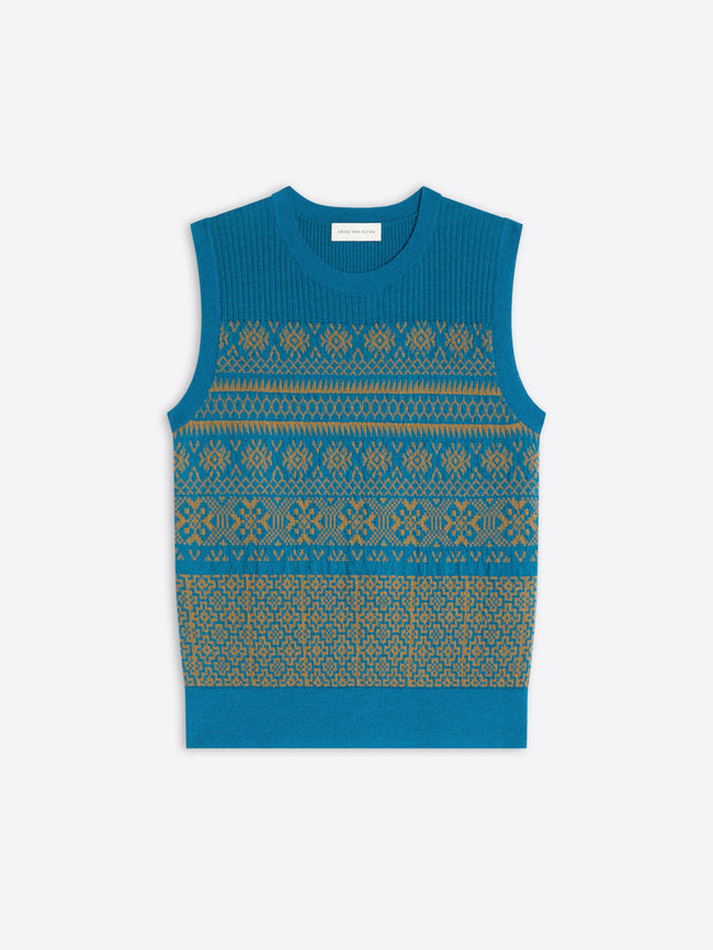 Blue sleeveless knitted top with a pattern on a white background
