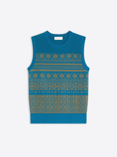 Blue sleeveless knitted top with a pattern on a white background