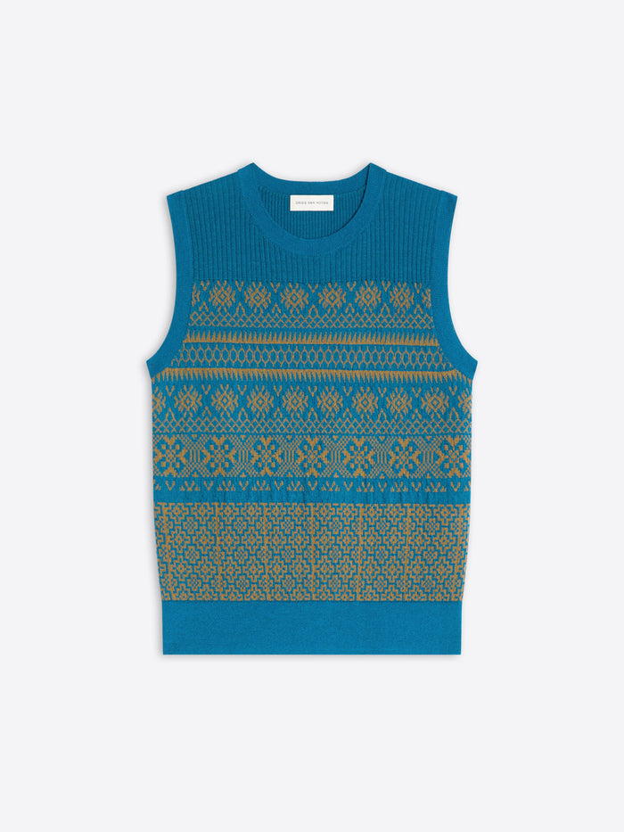 Blue sleeveless knitted top with a pattern on a white background