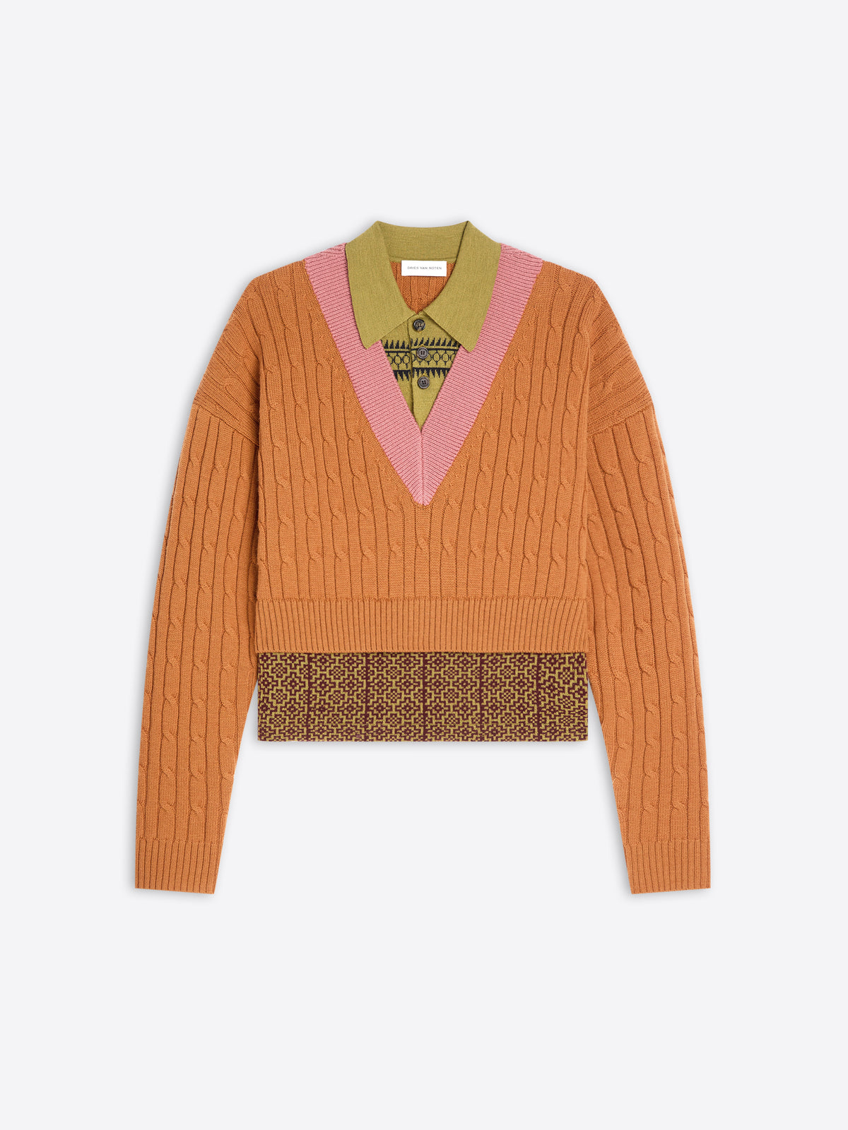 Orange sweater with patterned band and collar on a white background