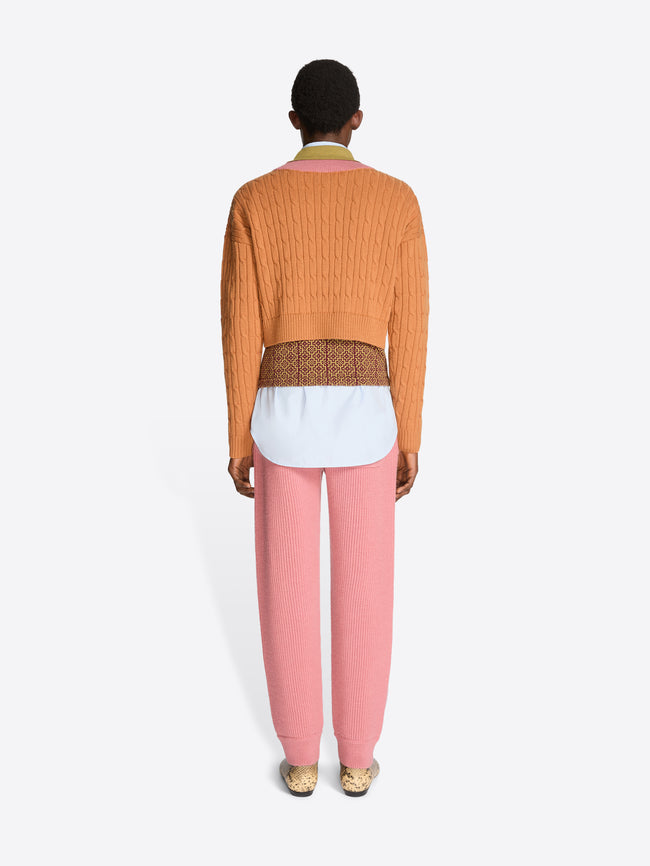 Back view of a person wearing an orange sweater with patterned band and collar, pink pants, and patterned shoes on a white background