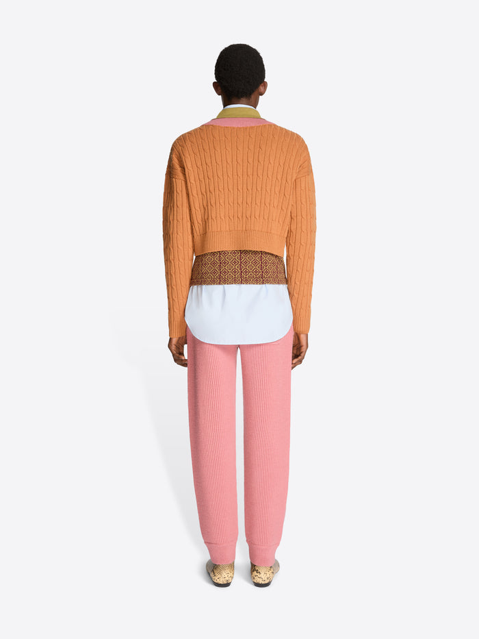 Back view of a person wearing an orange sweater with patterned band and collar, pink pants, and patterned shoes on a white background