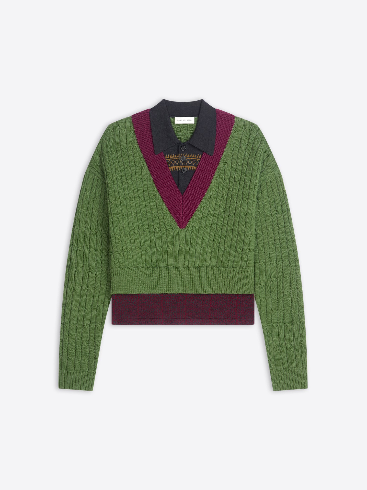 Green sweater with patterned band and collar on a white background