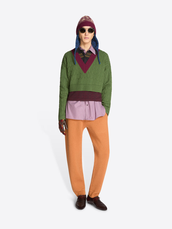 Person wearing a green sweater with patterned band and collar , purple checkered shirt, orange pants, and brown shoes on a white background