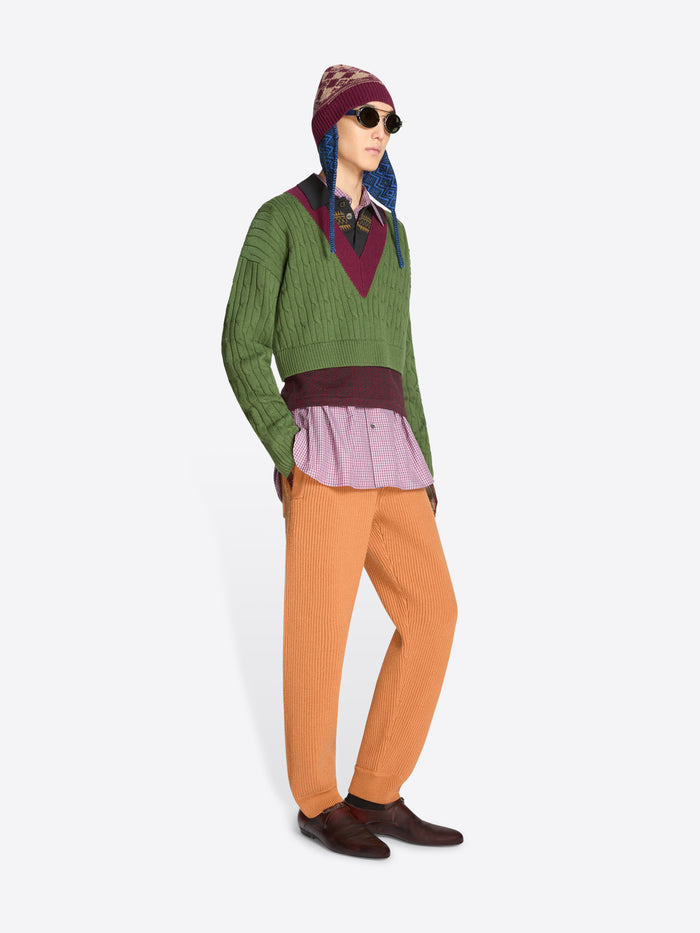 Person wearing a green sweater with patterned band and collar , purple checkered shirt, orange pants, and brown shoes on a white background
