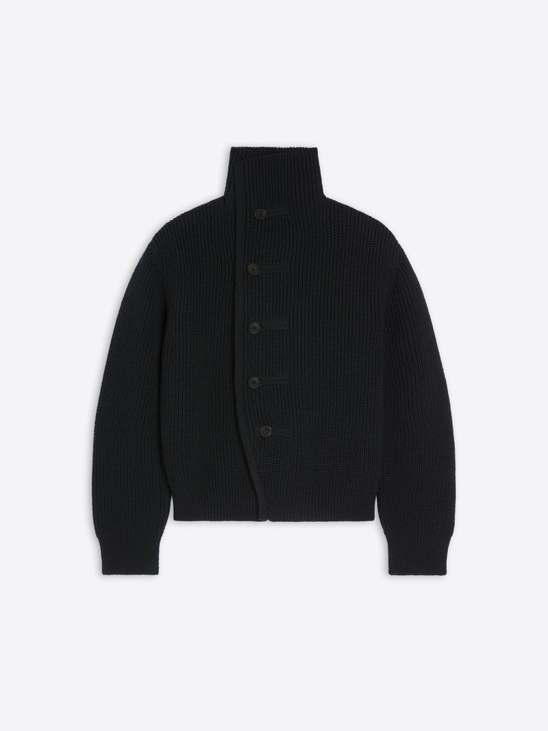Black ribbed knit cardigan on a light gray background