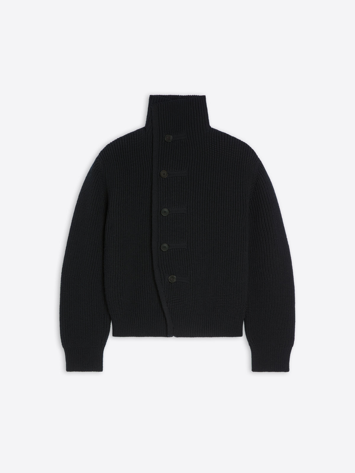 Black ribbed knit cardigan on a light gray background