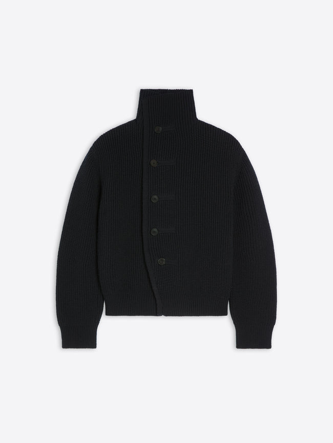 Black ribbed knit cardigan on a light gray background