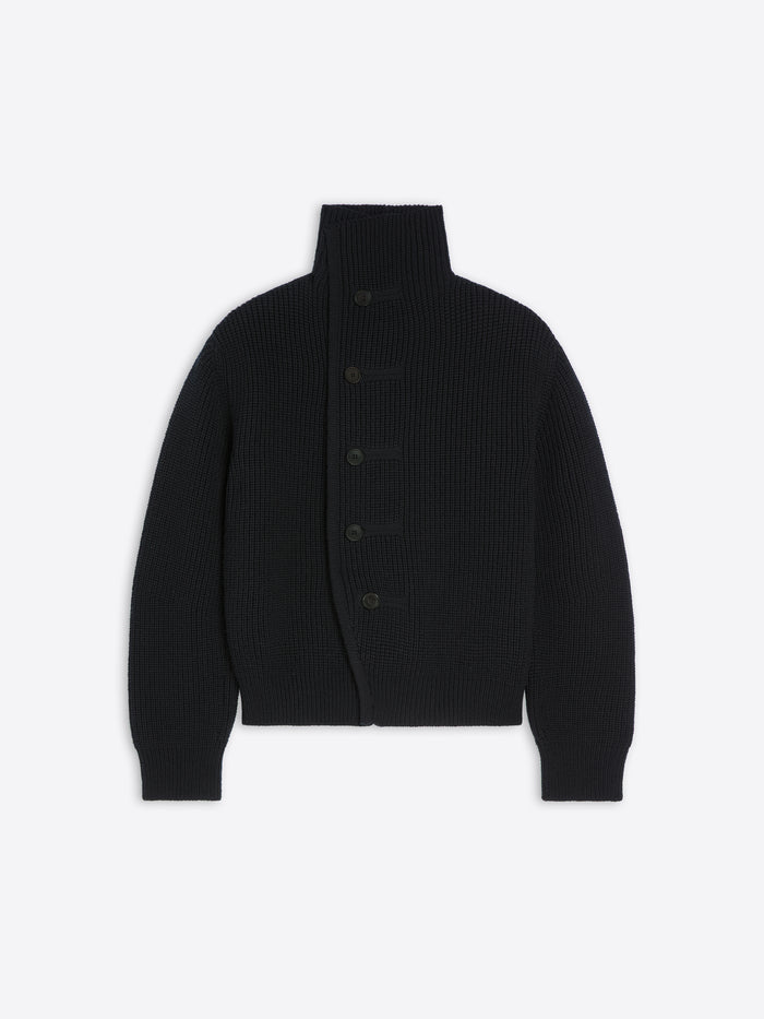 Black ribbed knit cardigan on a light gray background