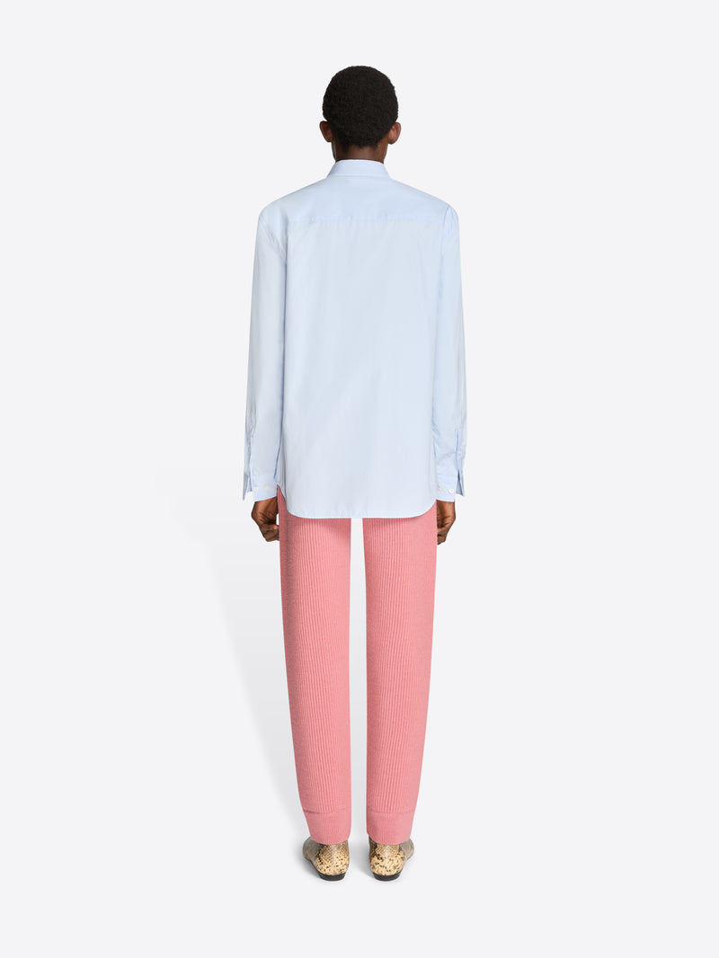 Back view of a person wearing a light blue shirt and pink pants on a white background