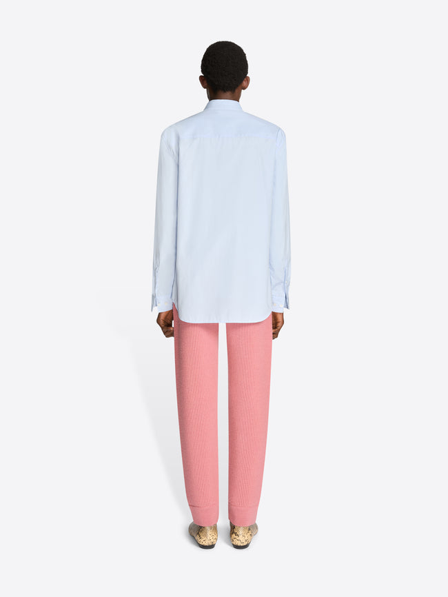 Back view of a person wearing a light blue shirt and pink pants on a white background