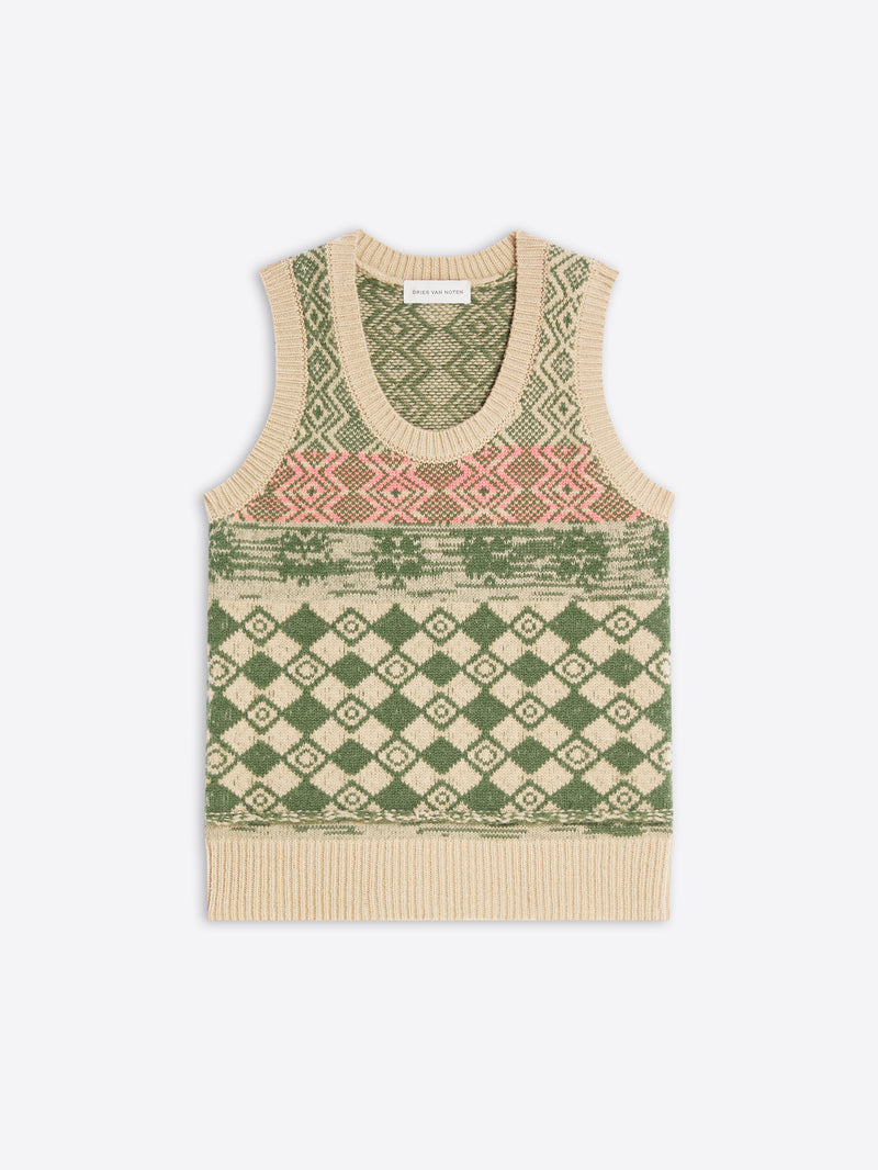 Knitted sleeveless top with geometric pattern on a white background