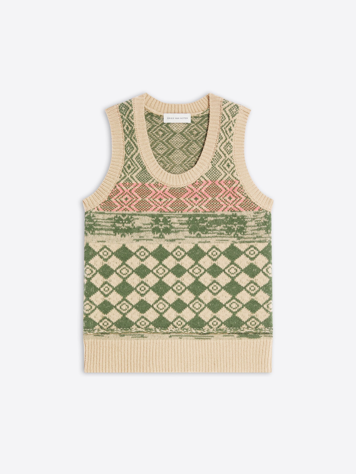 Knitted sleeveless top with geometric pattern on a white background