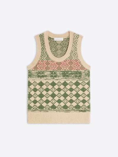 Knitted sleeveless top with geometric pattern on a white background