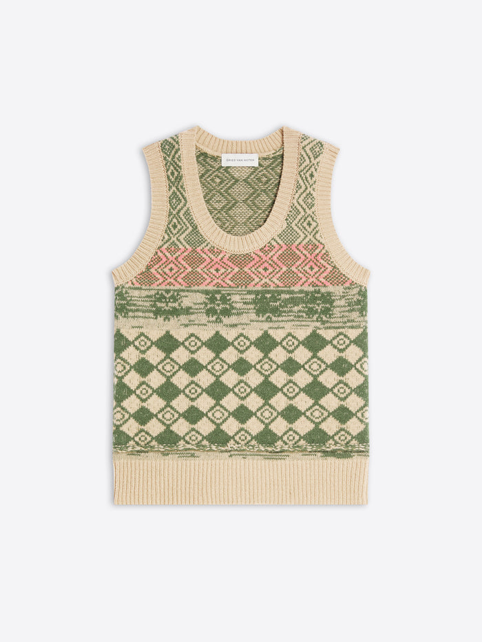Knitted sleeveless top with geometric pattern on a white background