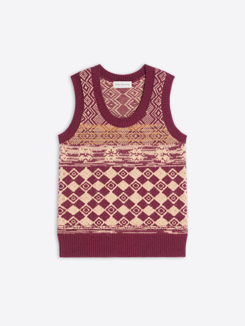 Sleeveless knitted top with geometric pattern on a white background