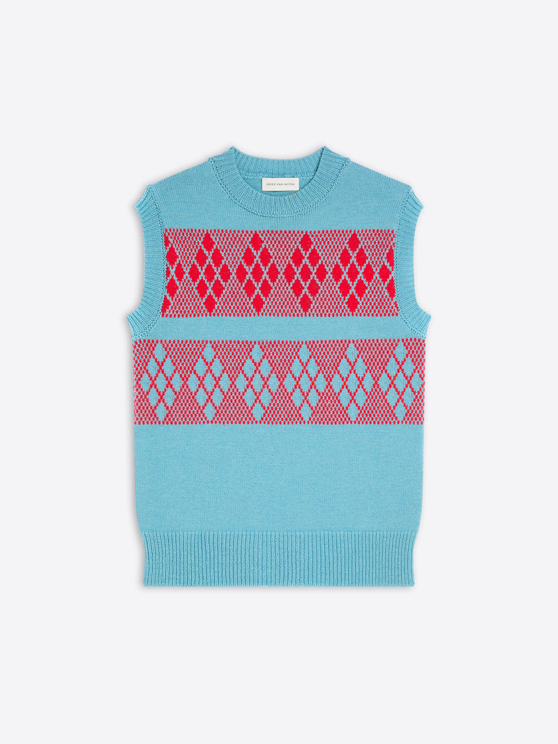 Blue sleeveless knitted top with red geometric pattern on a white background