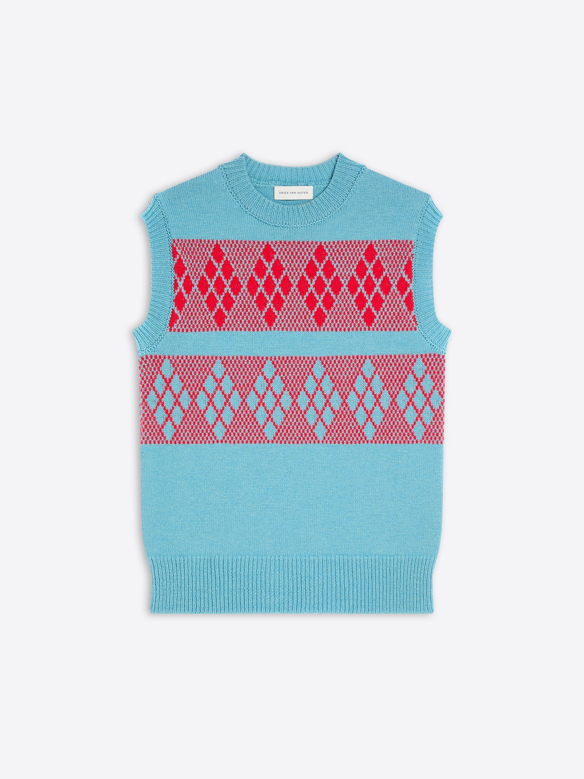 Blue sleeveless knitted top with red geometric pattern on a white background