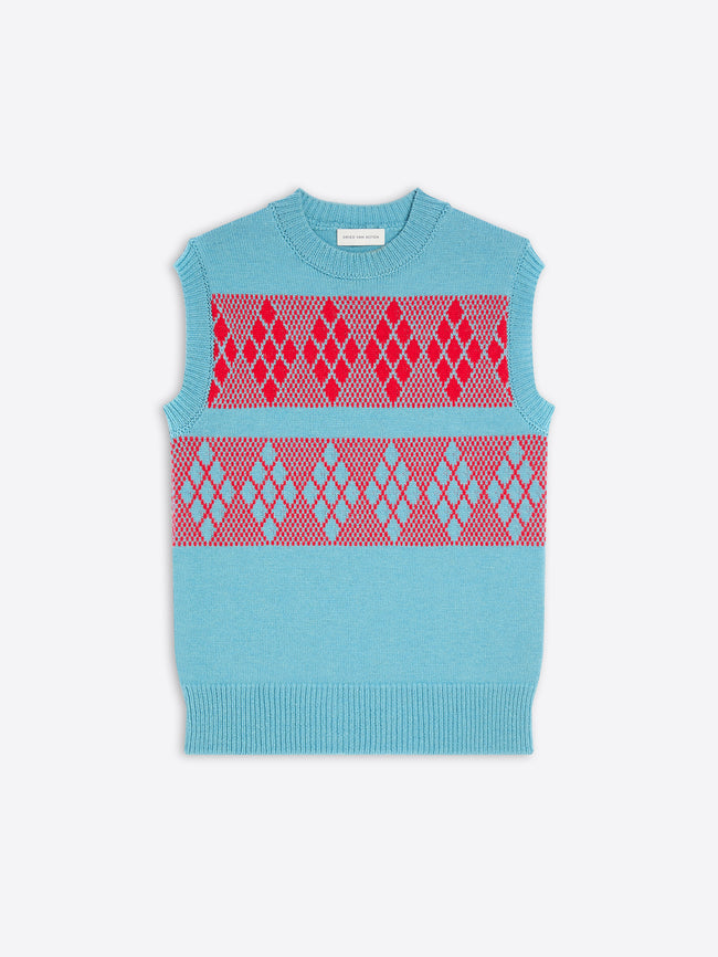 Blue sleeveless knitted top with red geometric pattern on a white background