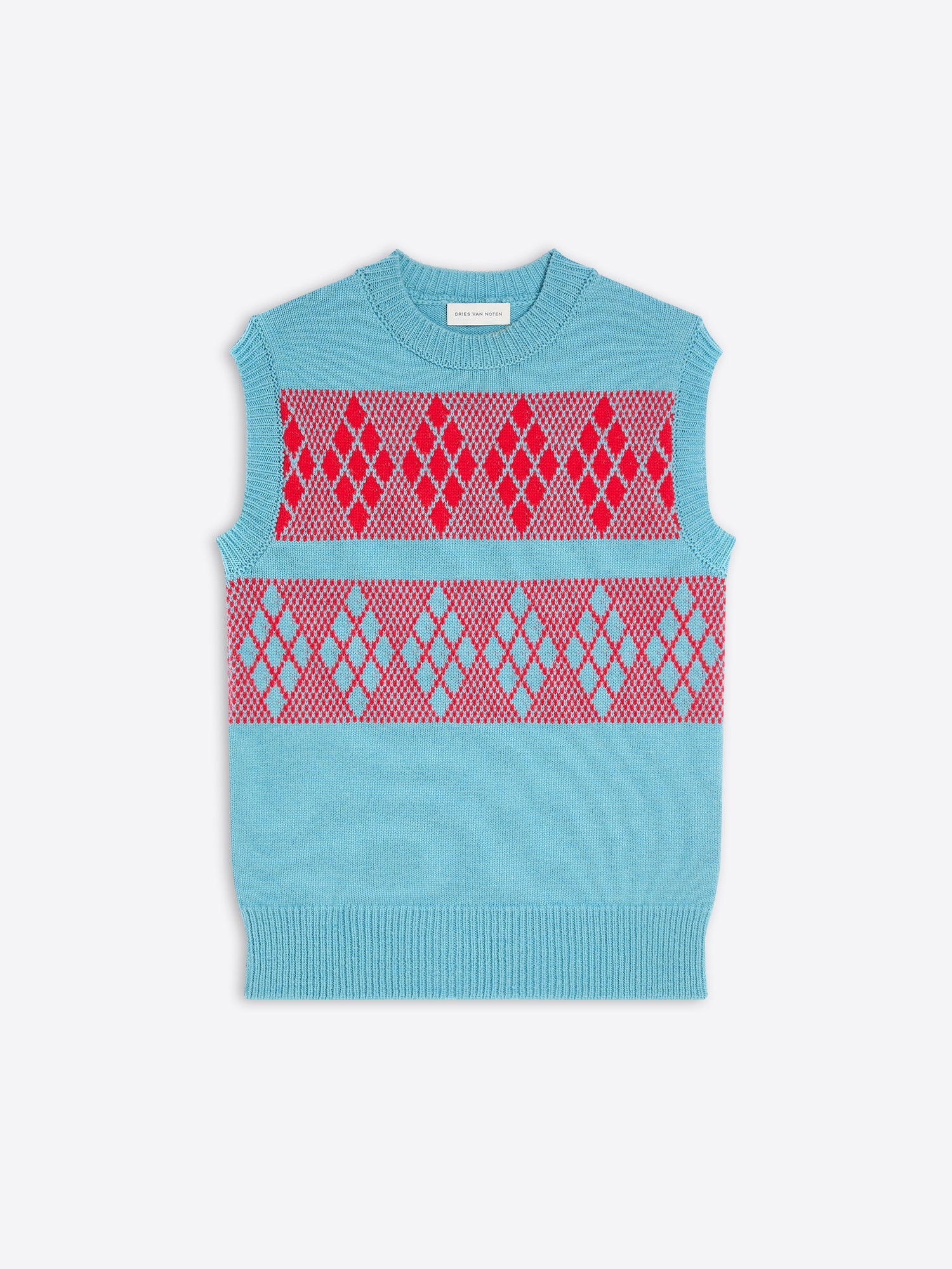 Blue sleeveless knitted top with red geometric pattern on a white background