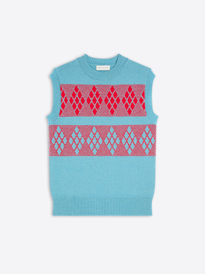 Blue sleeveless knitted top with red geometric pattern on a white background