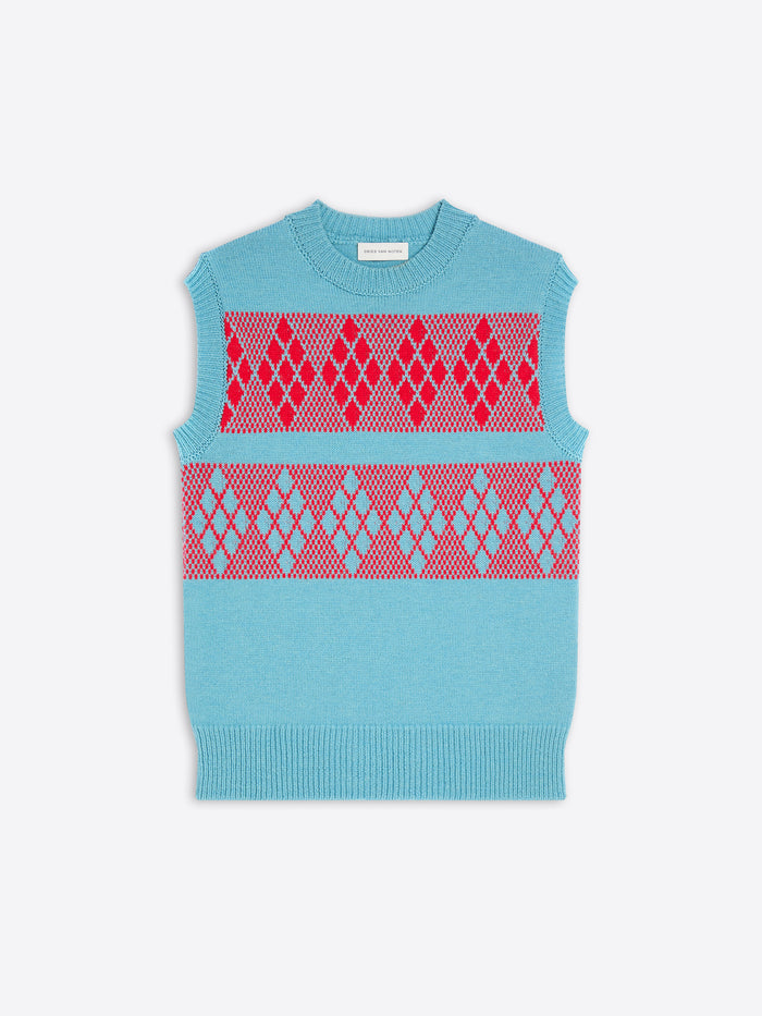 Blue sleeveless knitted top with red geometric pattern on a white background