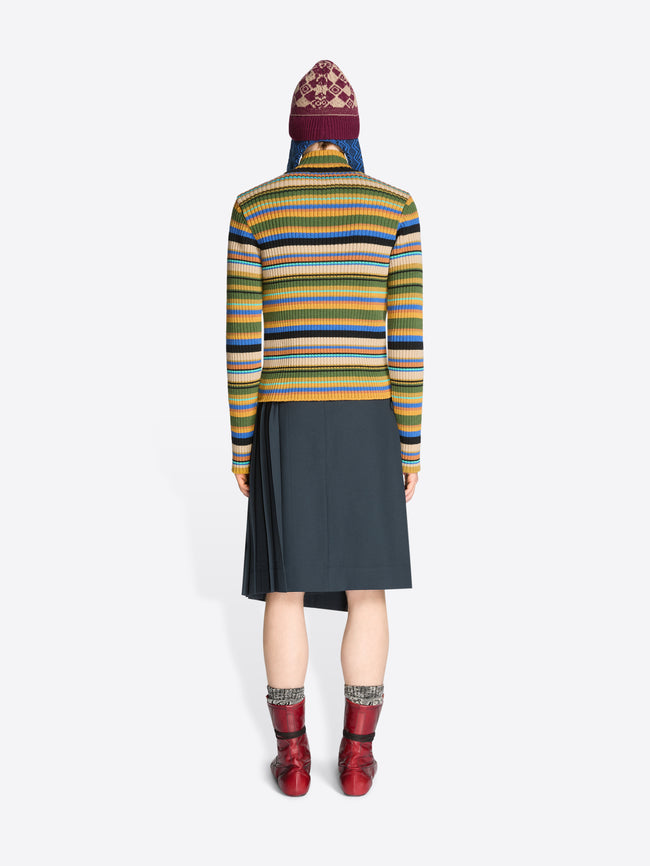 Back view of a person wearing a colorful striped sweater, dark skirt, patterned hat and red boots on a white background